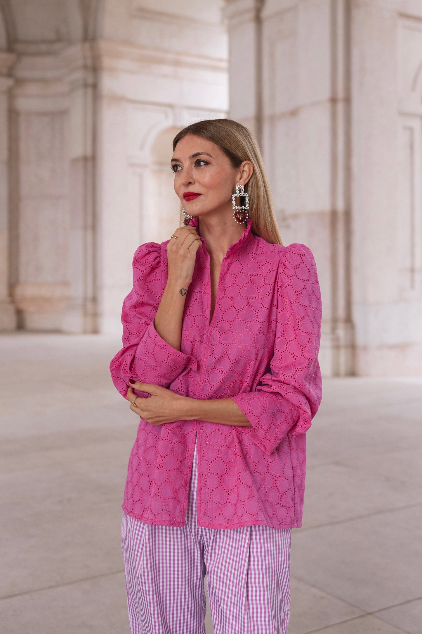 Heart Pink Blouse - Bordado inglês