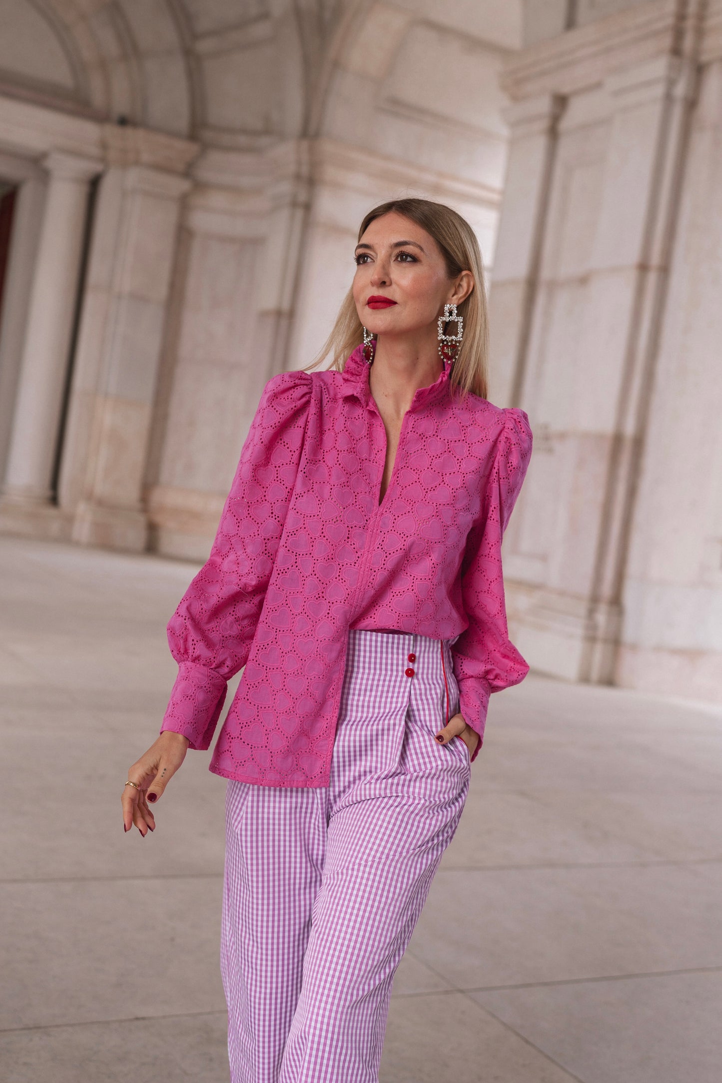 Heart Pink Blouse - Bordado inglês